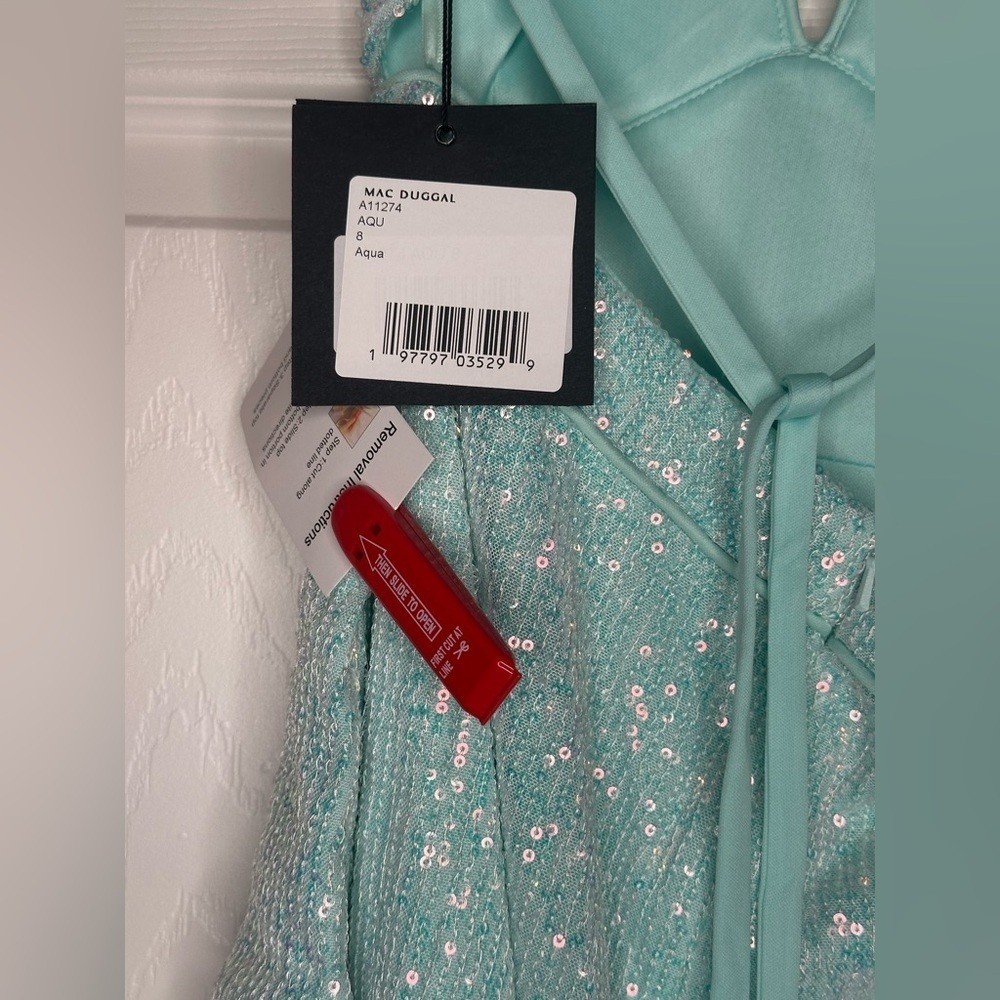 Mac Duggal NWT Blue Sequined Halter Ruffle Asymmetrical Dress Style #A11274 - Picture 11 of 12